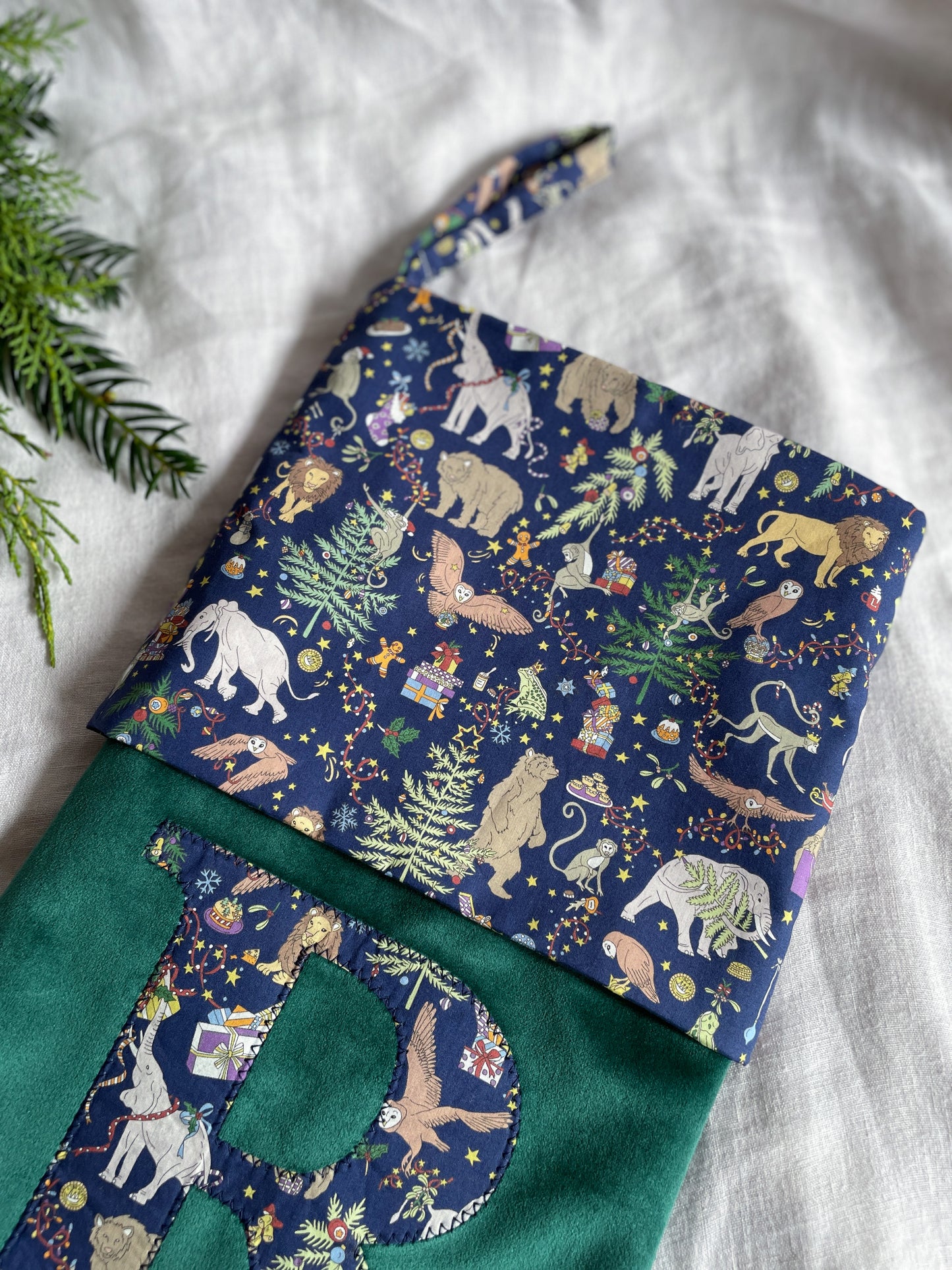 Green Velvet Stocking With Liberty Print Initial