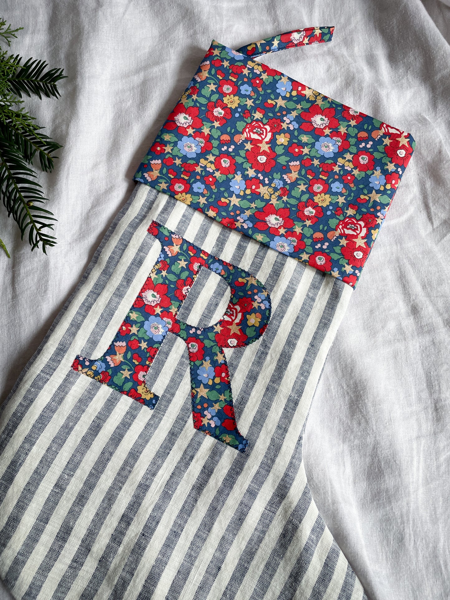 Navy Striped Linen Personalised Christmas Stocking