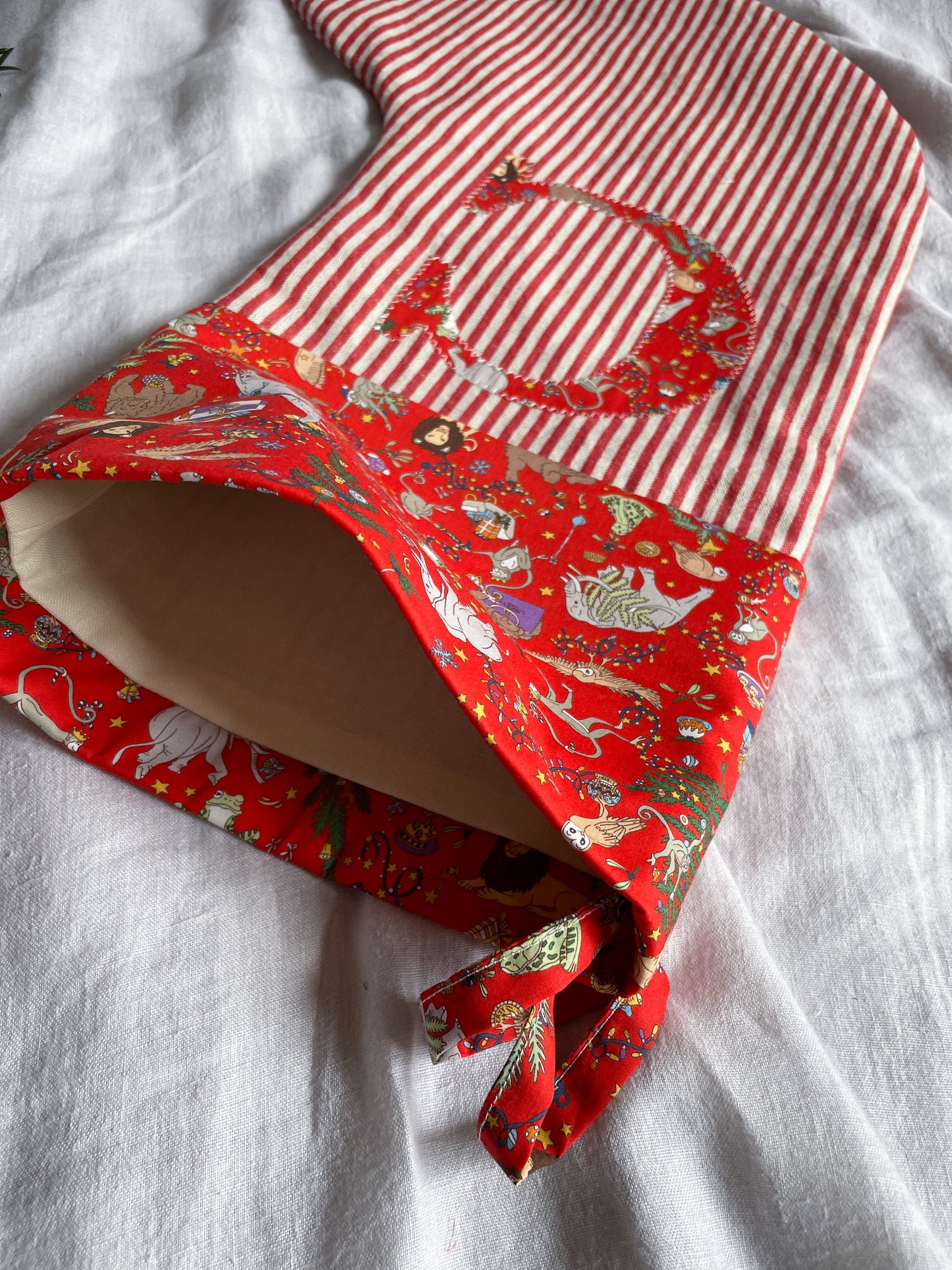 Red Linen Striped Personalised Christmas Stocking