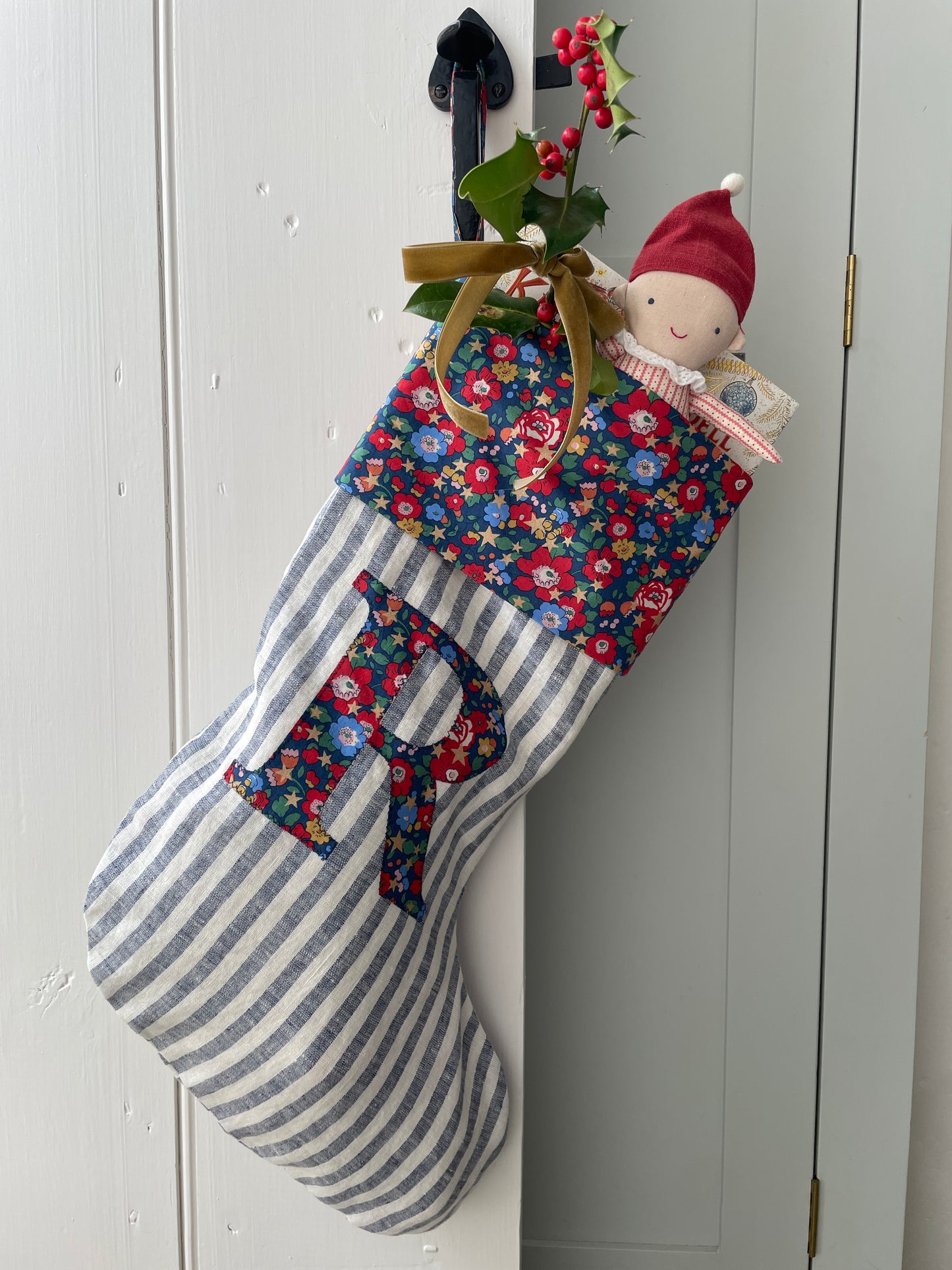 Navy Striped Linen Personalised Christmas Stocking