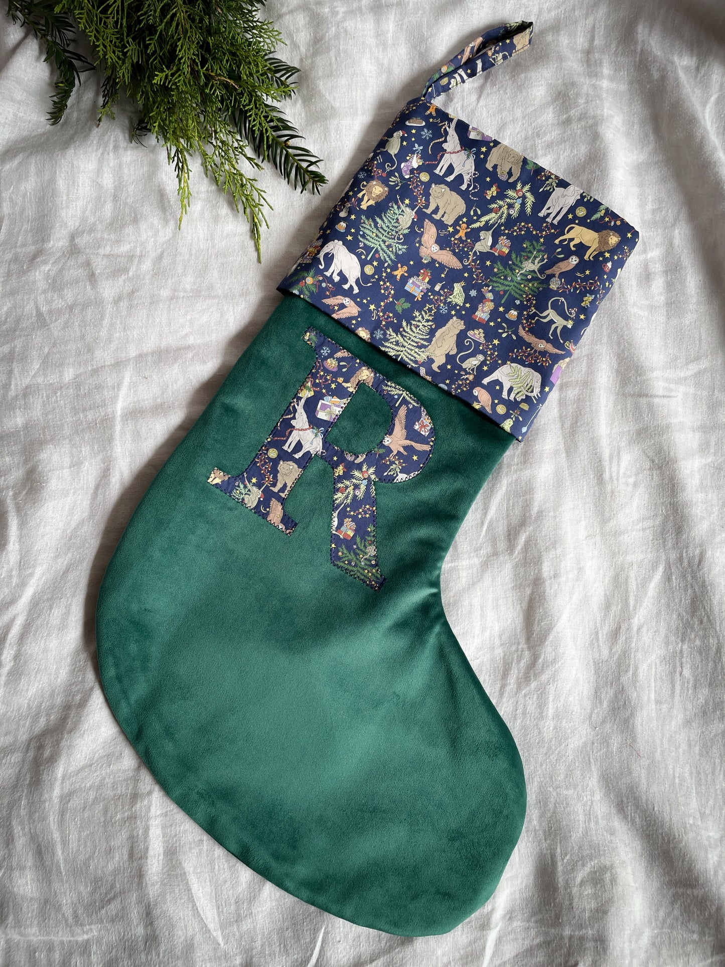 Green Velvet Stocking With Liberty Print Initial