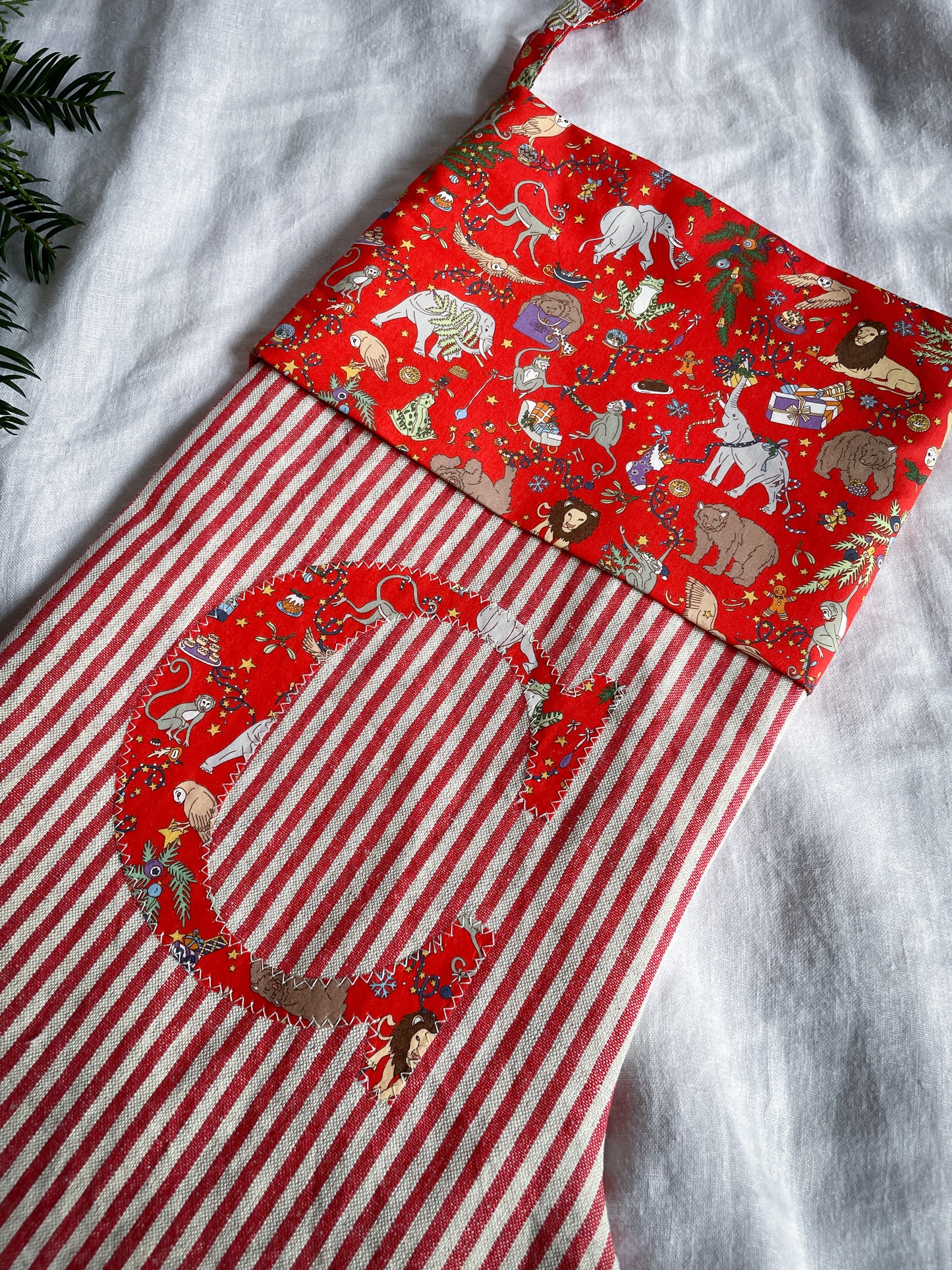 Red Linen Striped Personalised Christmas Stocking
