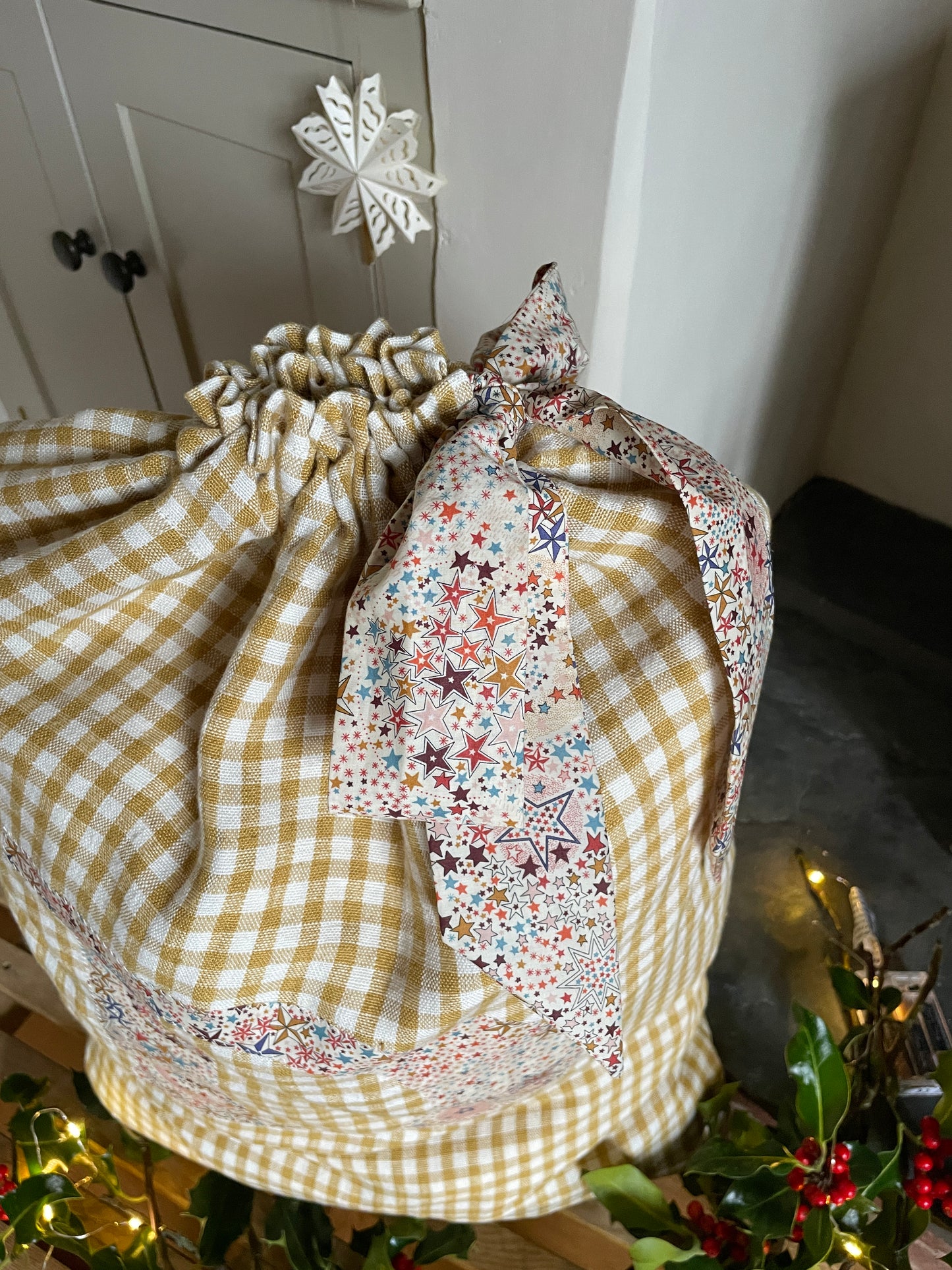 Gold Ivory Gingham Linen Monogrammed Christmas Gift Sack