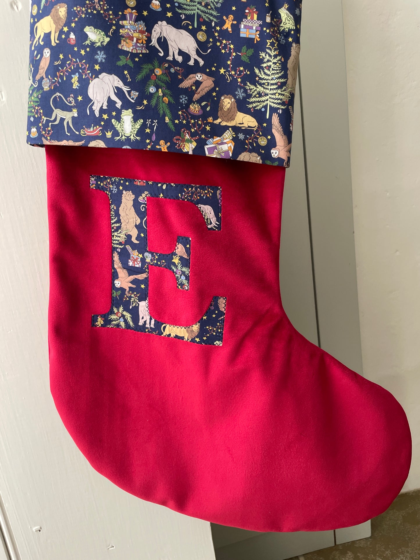 SAMPLE Red Velvet Letter E Wiltshire Navy and Red Stocking