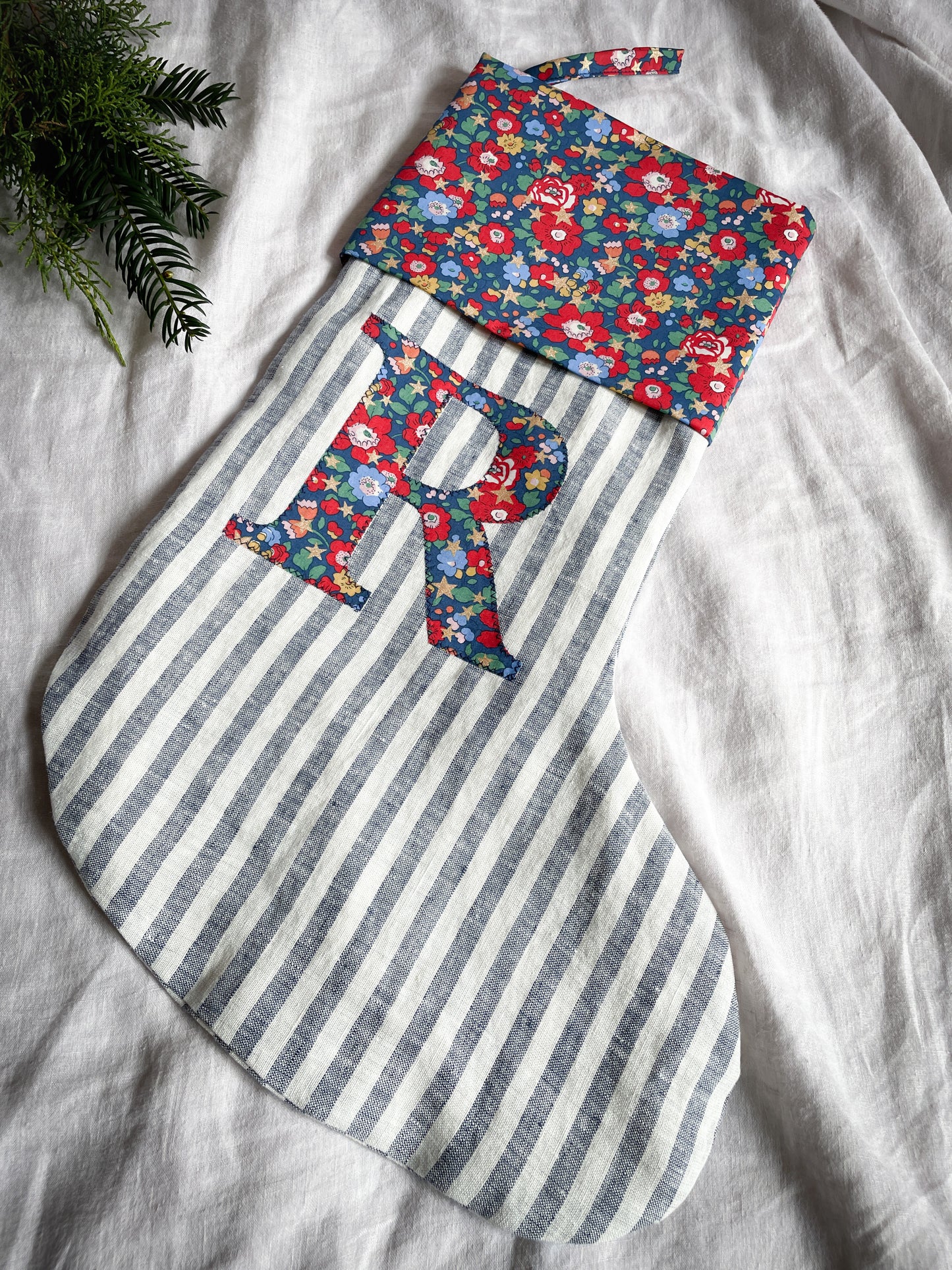 Navy Striped Linen Personalised Christmas Stocking