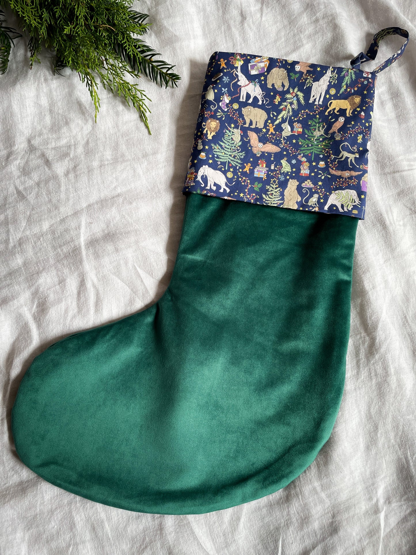 Green Velvet Stocking With Liberty Print Initial