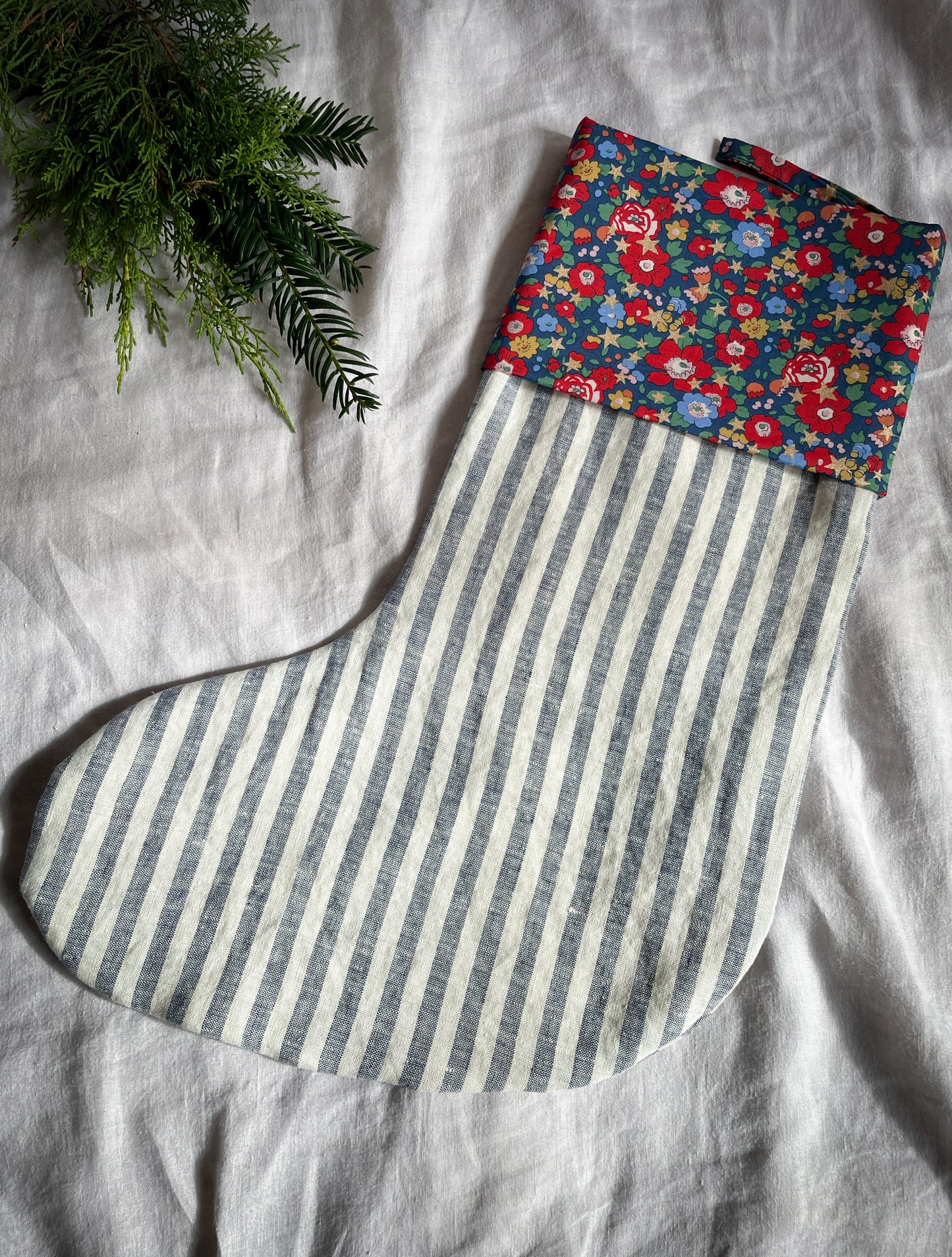 Navy Striped Linen Personalised Christmas Stocking