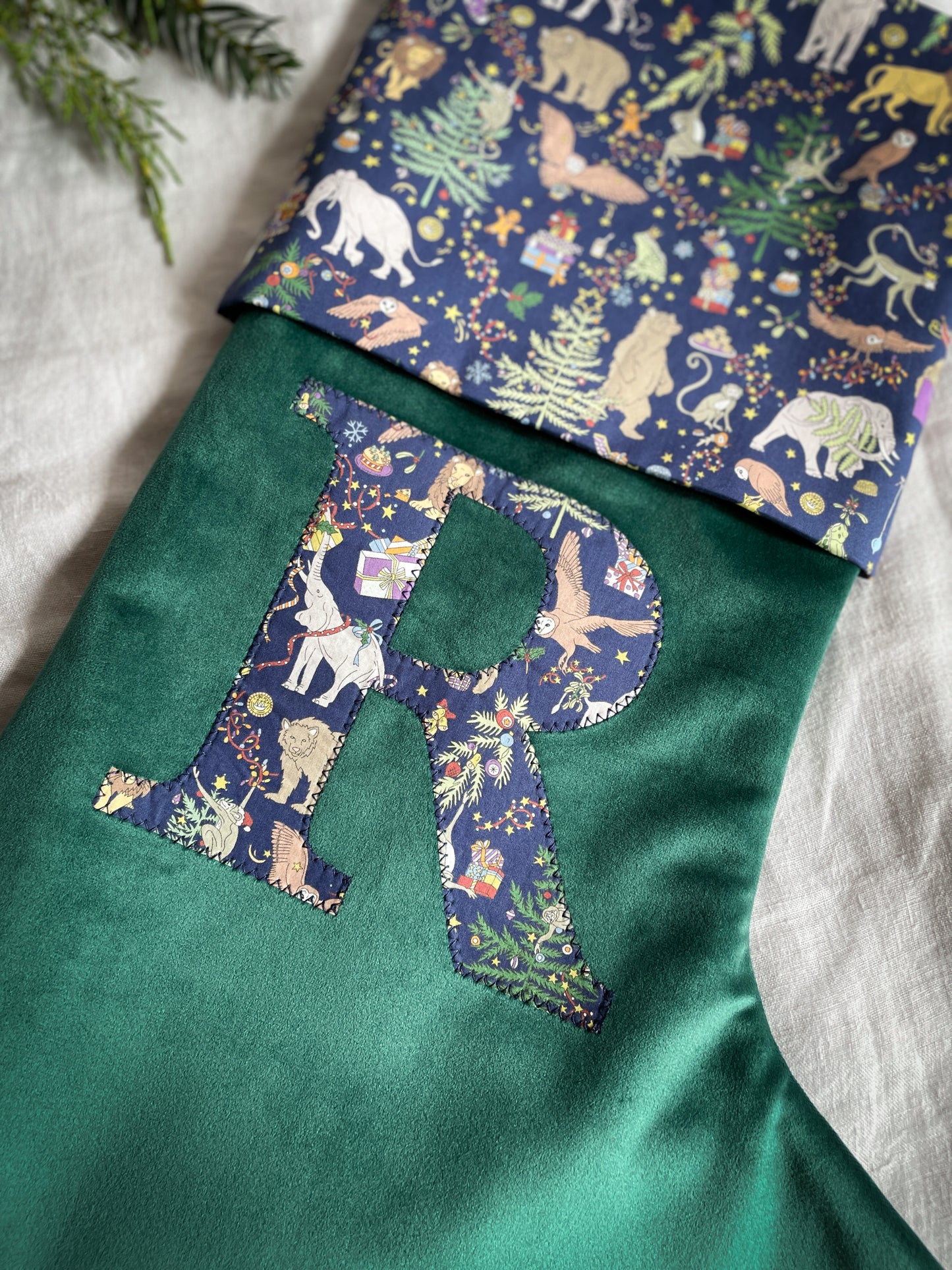 Green Velvet Stocking With Liberty Print Initial
