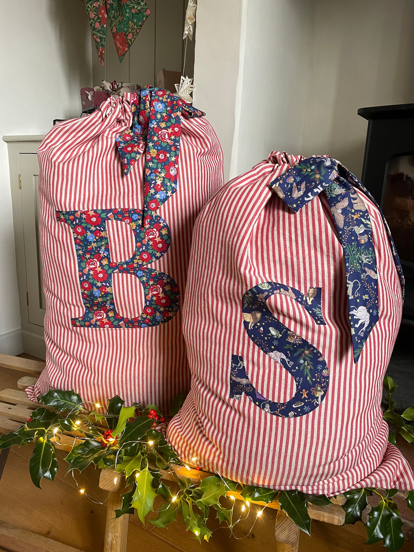 Navy Striped Linen Monogrammed Christmas Gift Sack