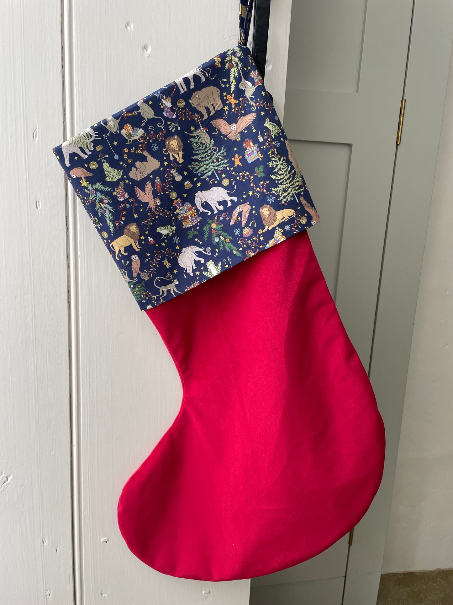 SAMPLE Red Velvet Letter E Wiltshire Navy and Red Stocking
