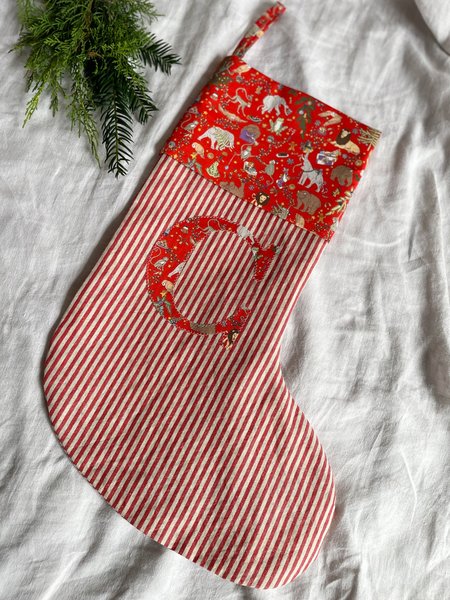 Red Linen Striped Personalised Christmas Stocking