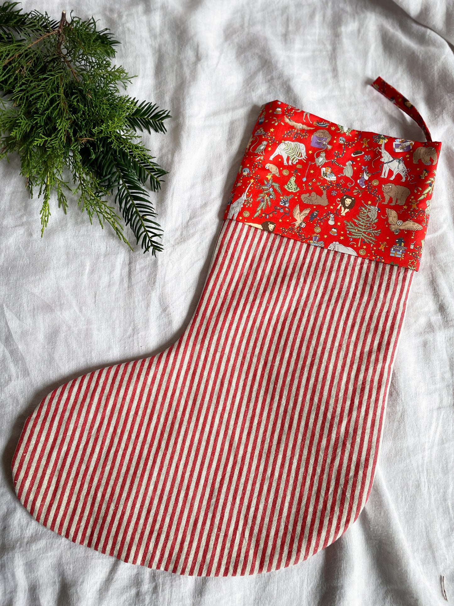 Red Linen Striped Personalised Christmas Stocking