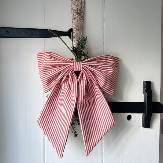 Linen Oversized Christmas Bow Red Stripe