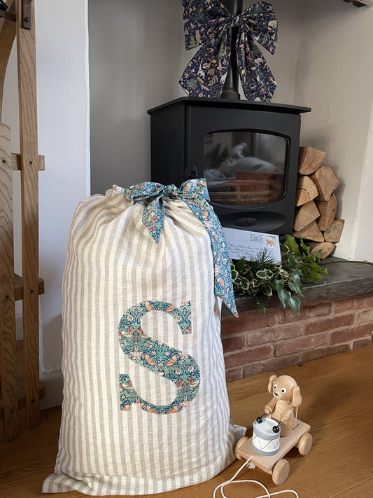 Natural Striped Linen Monogrammed Christmas Gift Sack