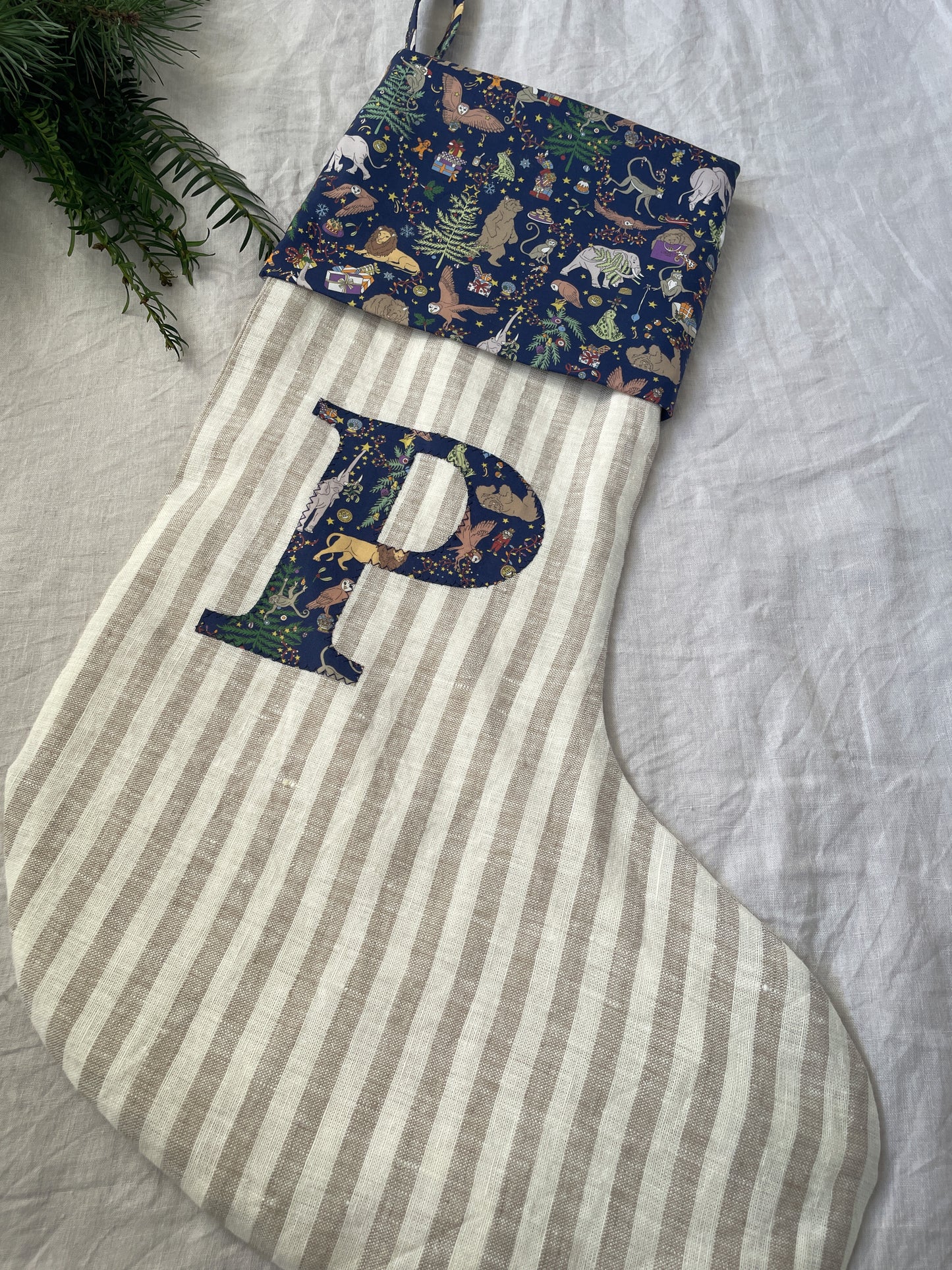 Natural Striped Linen Personalised Christmas Stocking