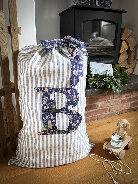 Luxury Christmas Gift Sack in Navy striped linen with navy christmas Liberty Print Letter and tie