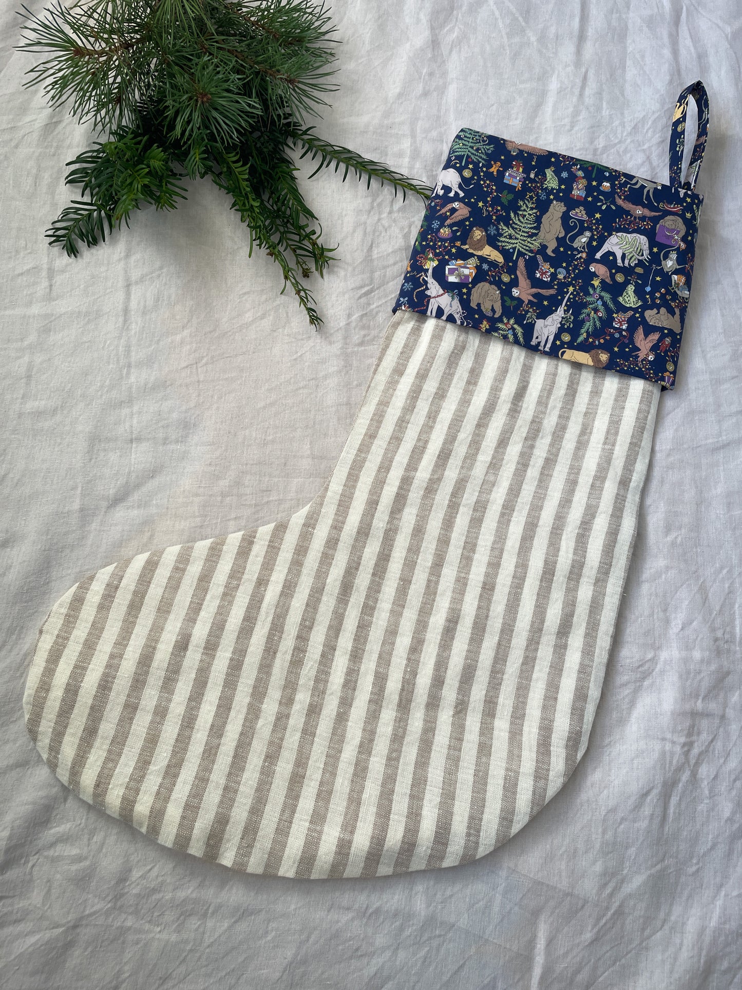Natural Striped Linen Personalised Christmas Stocking