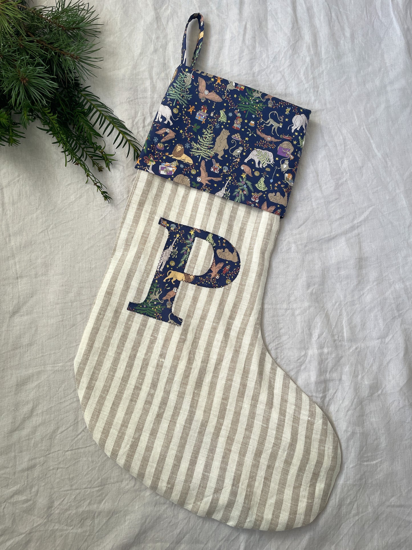 Natural Striped Linen Personalised Christmas Stocking