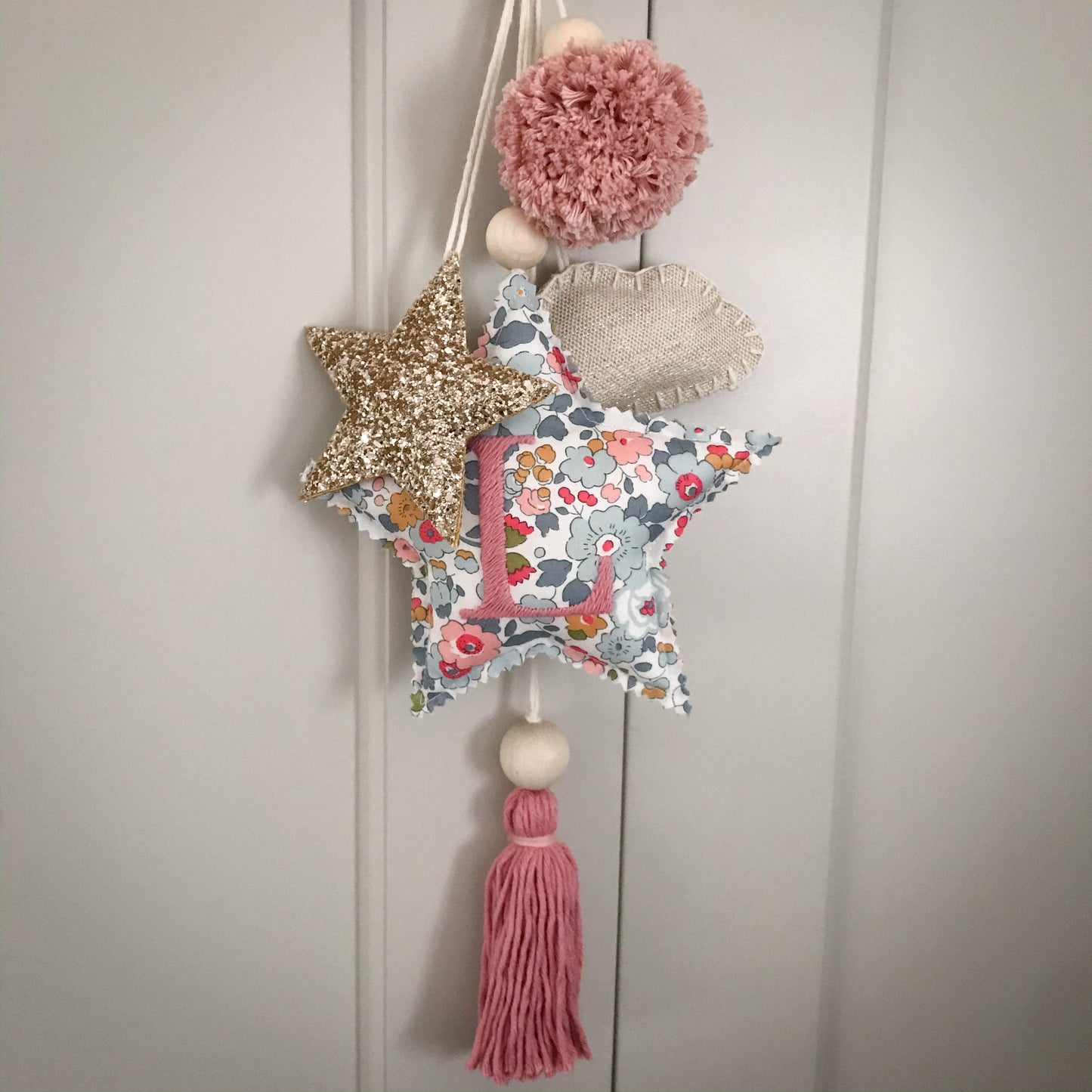 Large Personalised Embroidered Liberty Print Nursery Star and Cloud Decor Hanging
