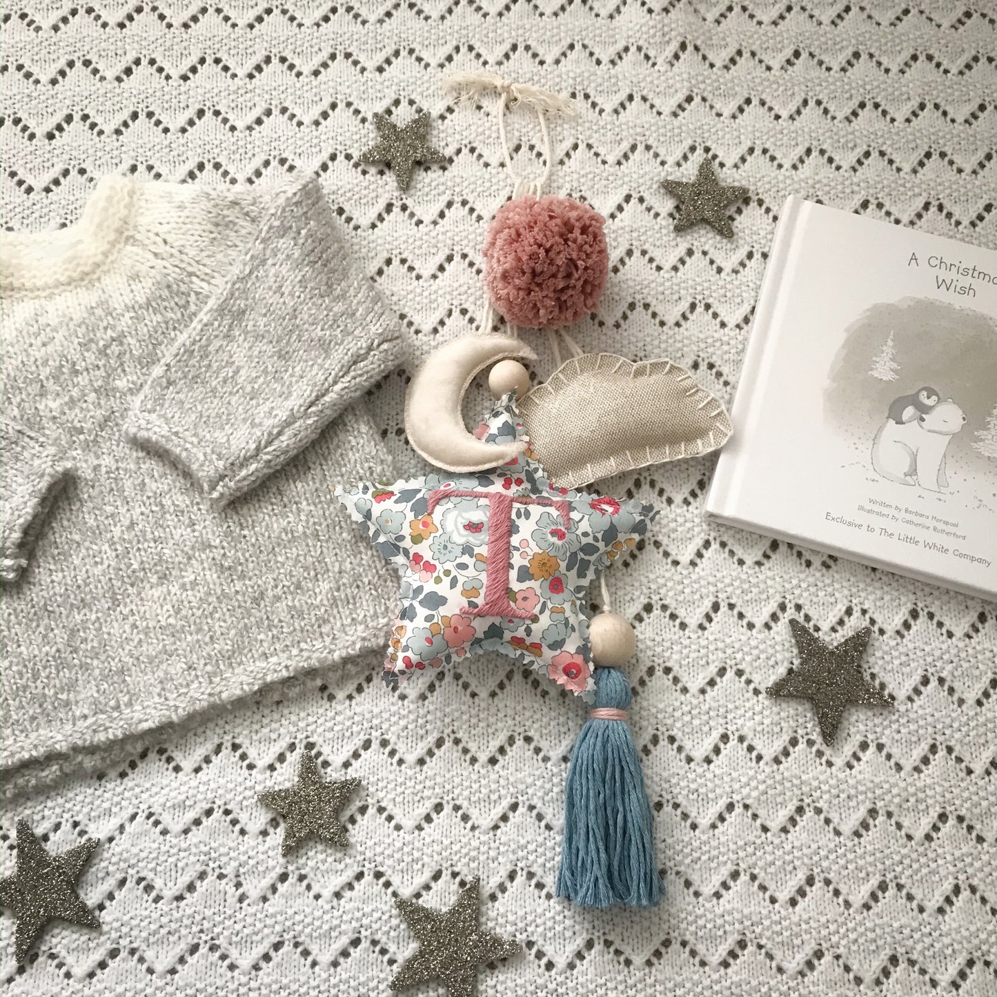 Large Personalised Embroidered Liberty Print Nursery Star and Cloud Decor Hanging