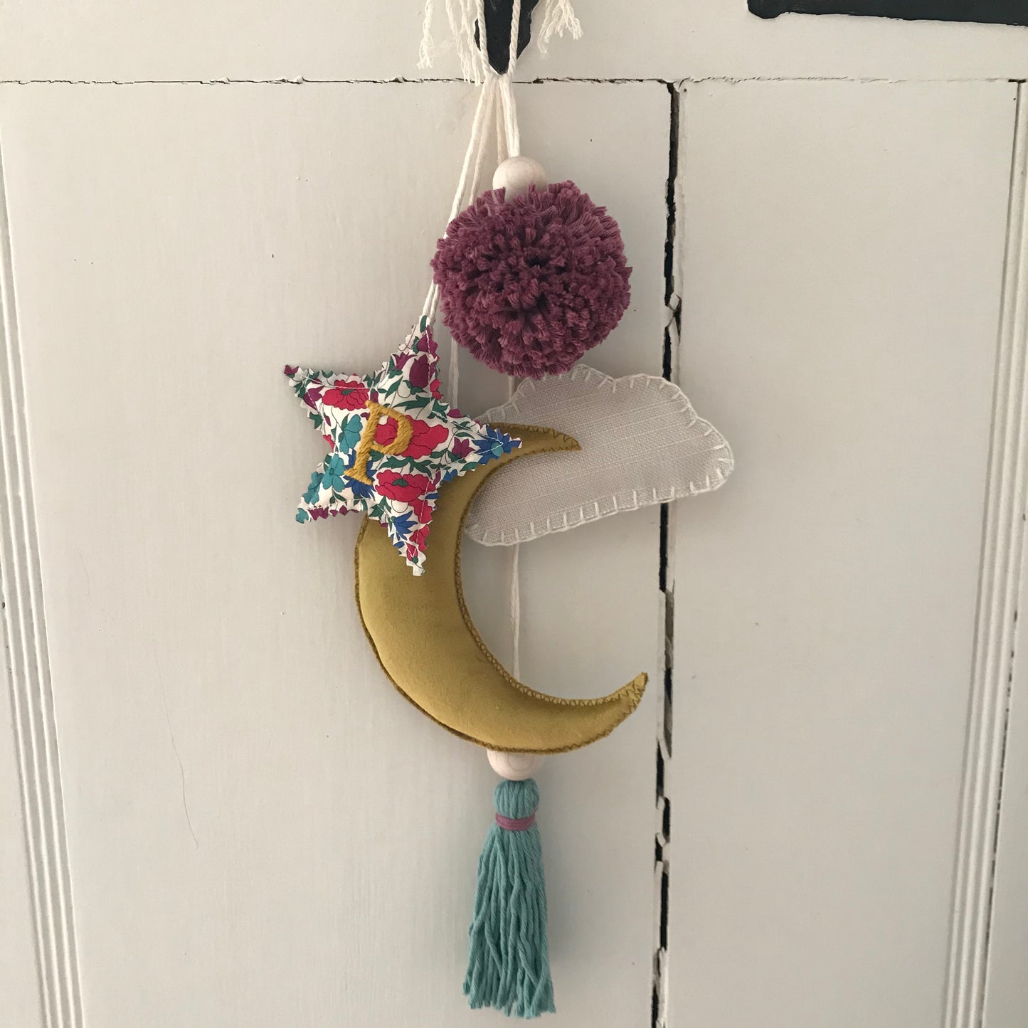 Small Personalised Embroidered Liberty Print Nursery Moon and Star Decor Hanging