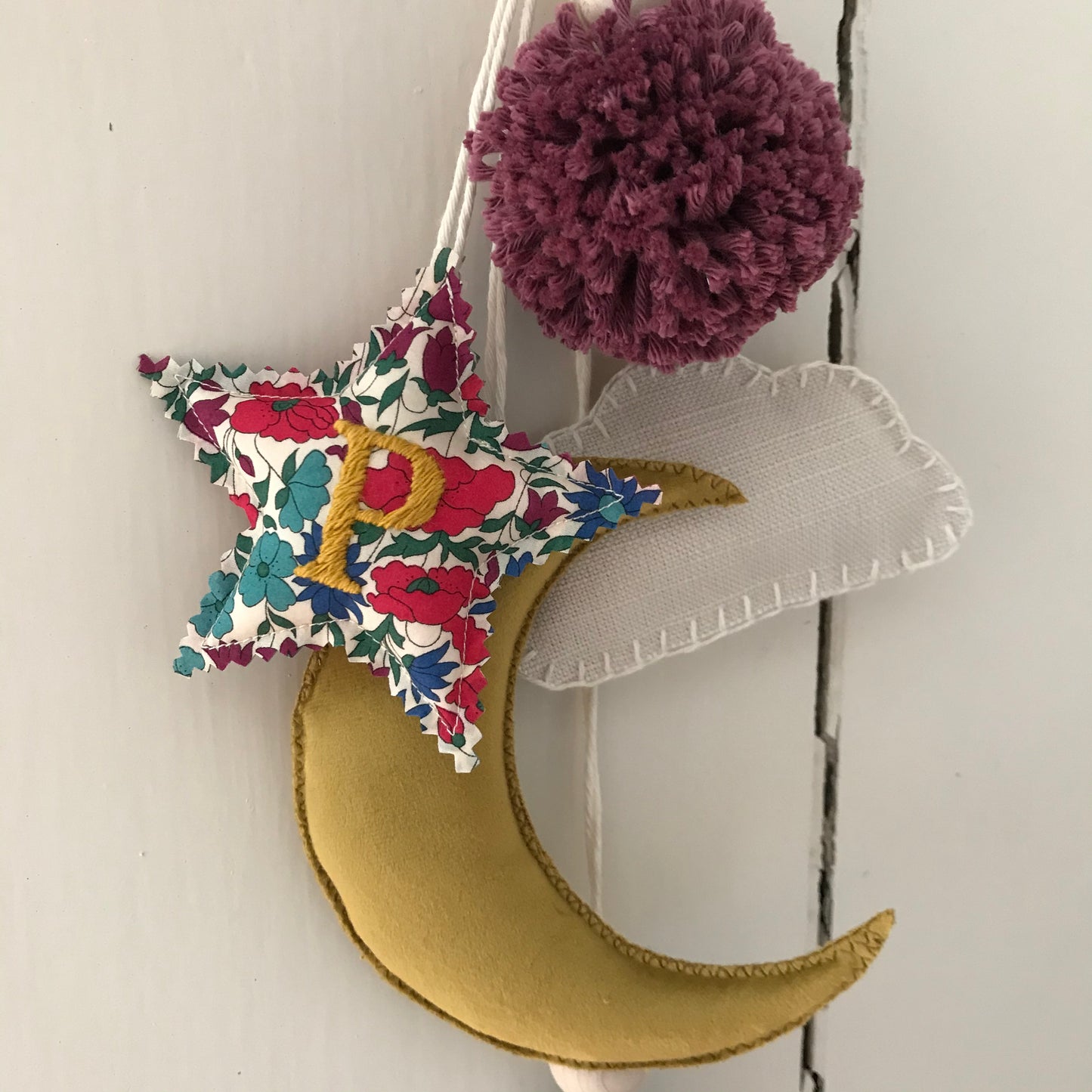 Small Personalised Embroidered Liberty Print Nursery Moon and Star Decor Hanging