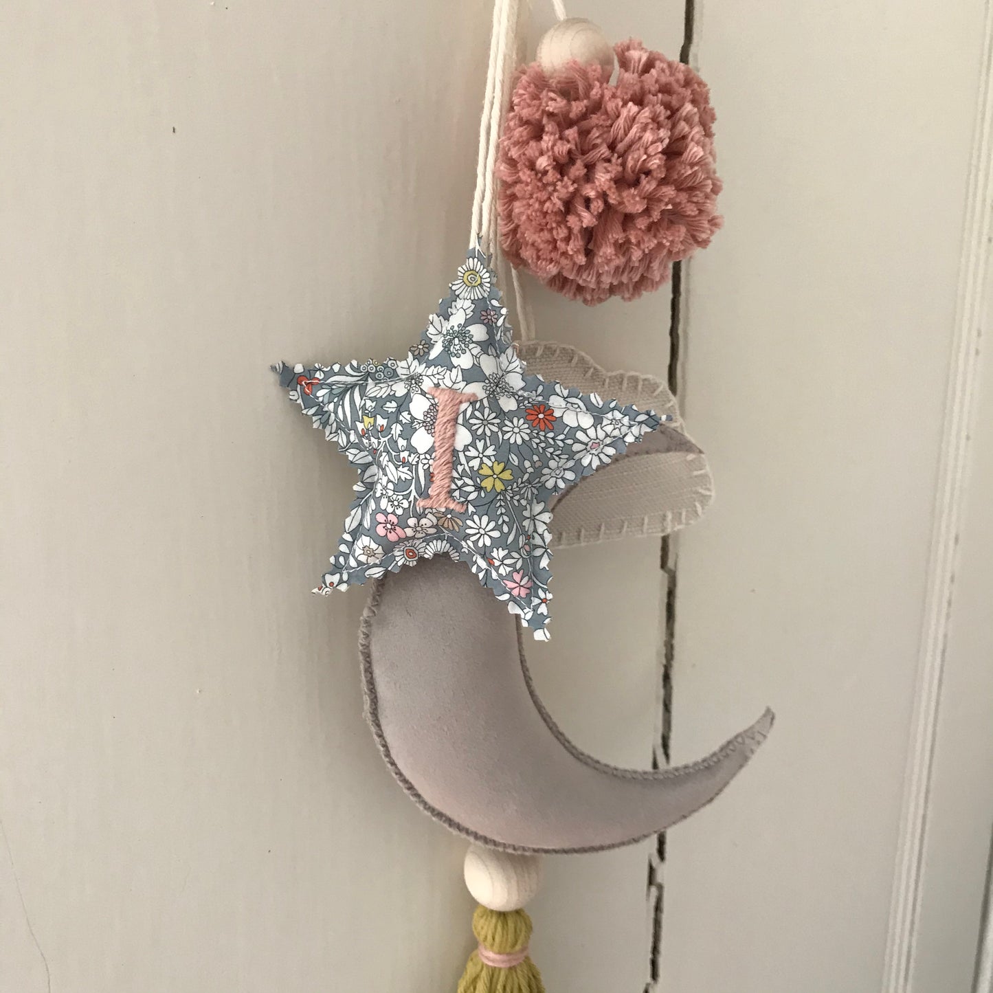 Small Personalised Embroidered Liberty Print Nursery Moon and Star Decor Hanging