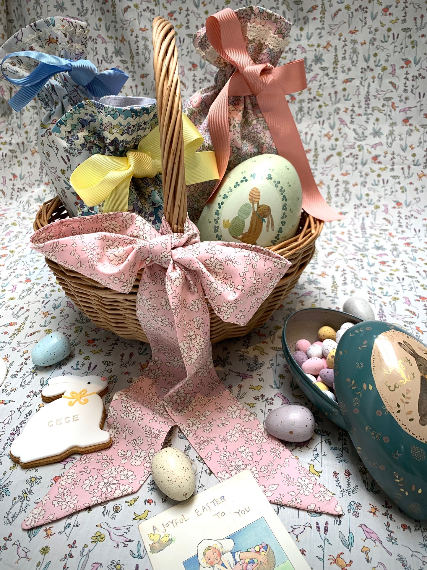Liberty Print Easter Basket Bow pretty floral egg hunt