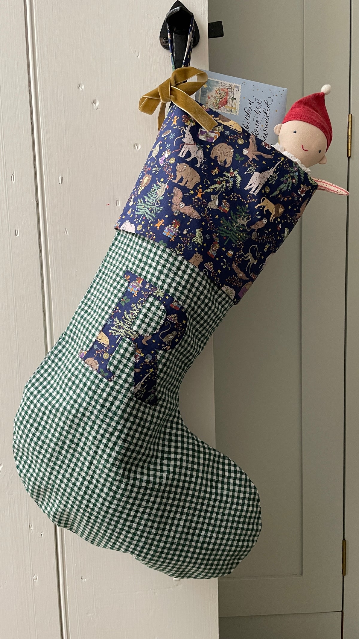 Green Linen Gingham Personalised Christmas Stocking