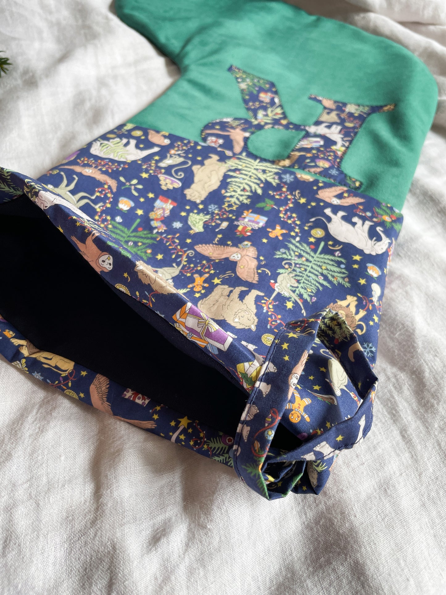 Green Velvet Stocking With Liberty Print Initial
