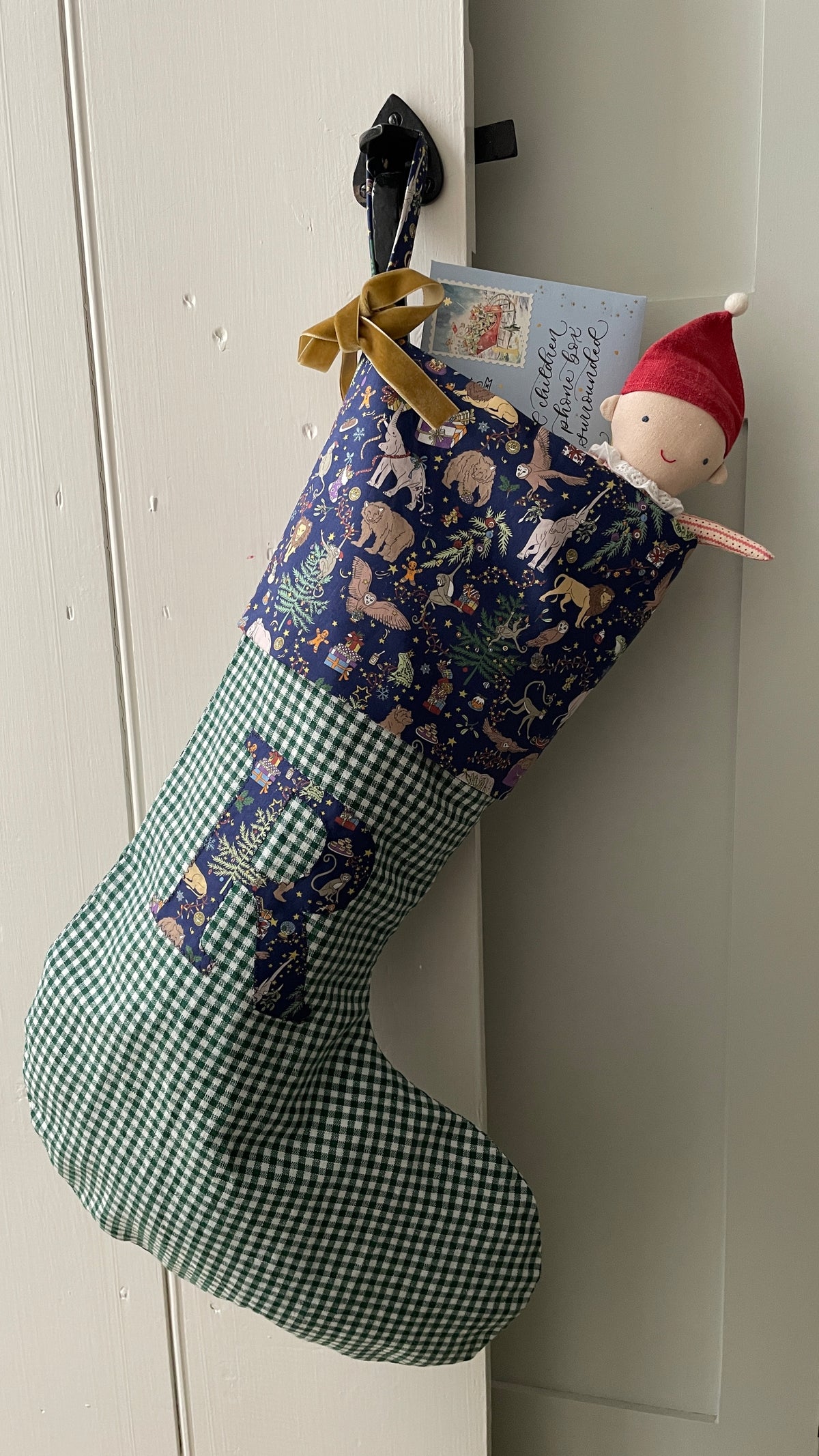 Green Linen Gingham Personalised Christmas Stocking