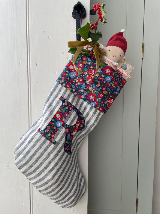 Navy Striped Linen Personalised Christmas Stocking