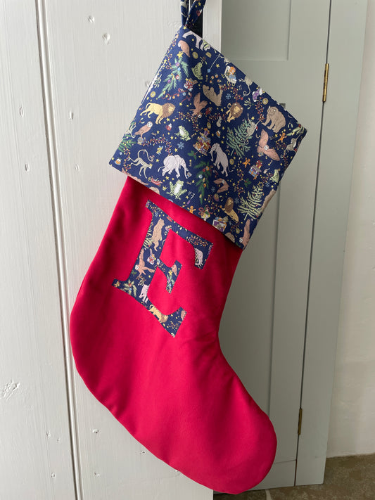 SAMPLE Red Velvet Letter E Wiltshire Navy and Red Stocking