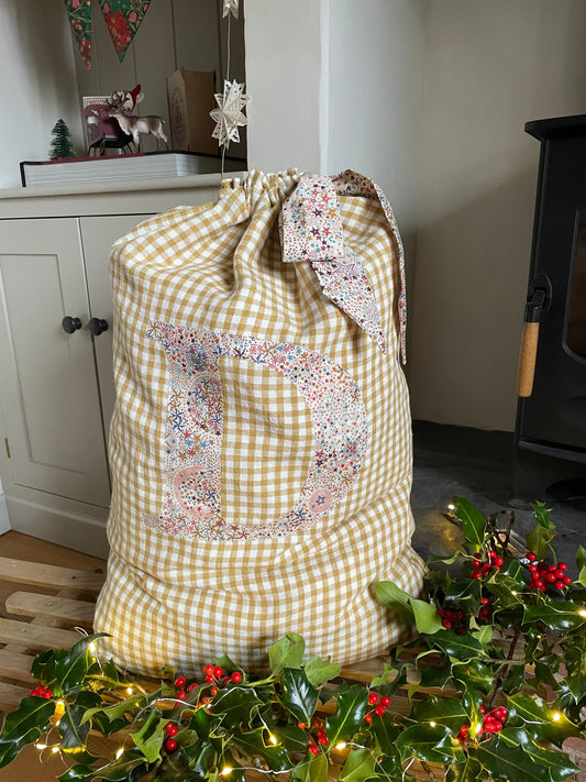 Gold Ivory Gingham Linen Monogrammed Christmas Gift Sack