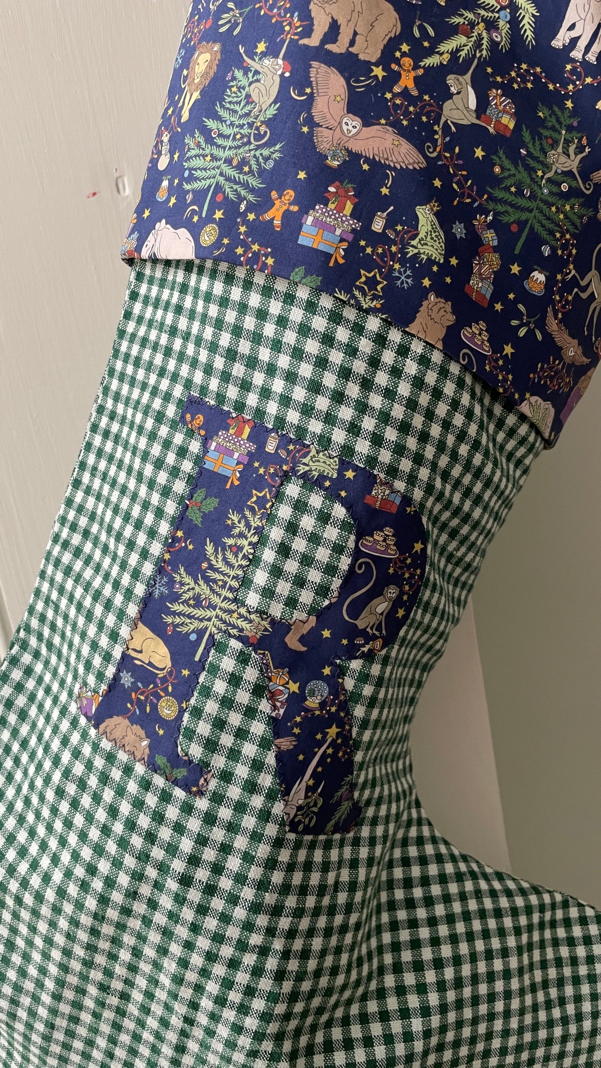 Green Linen Gingham Personalised Christmas Stocking
