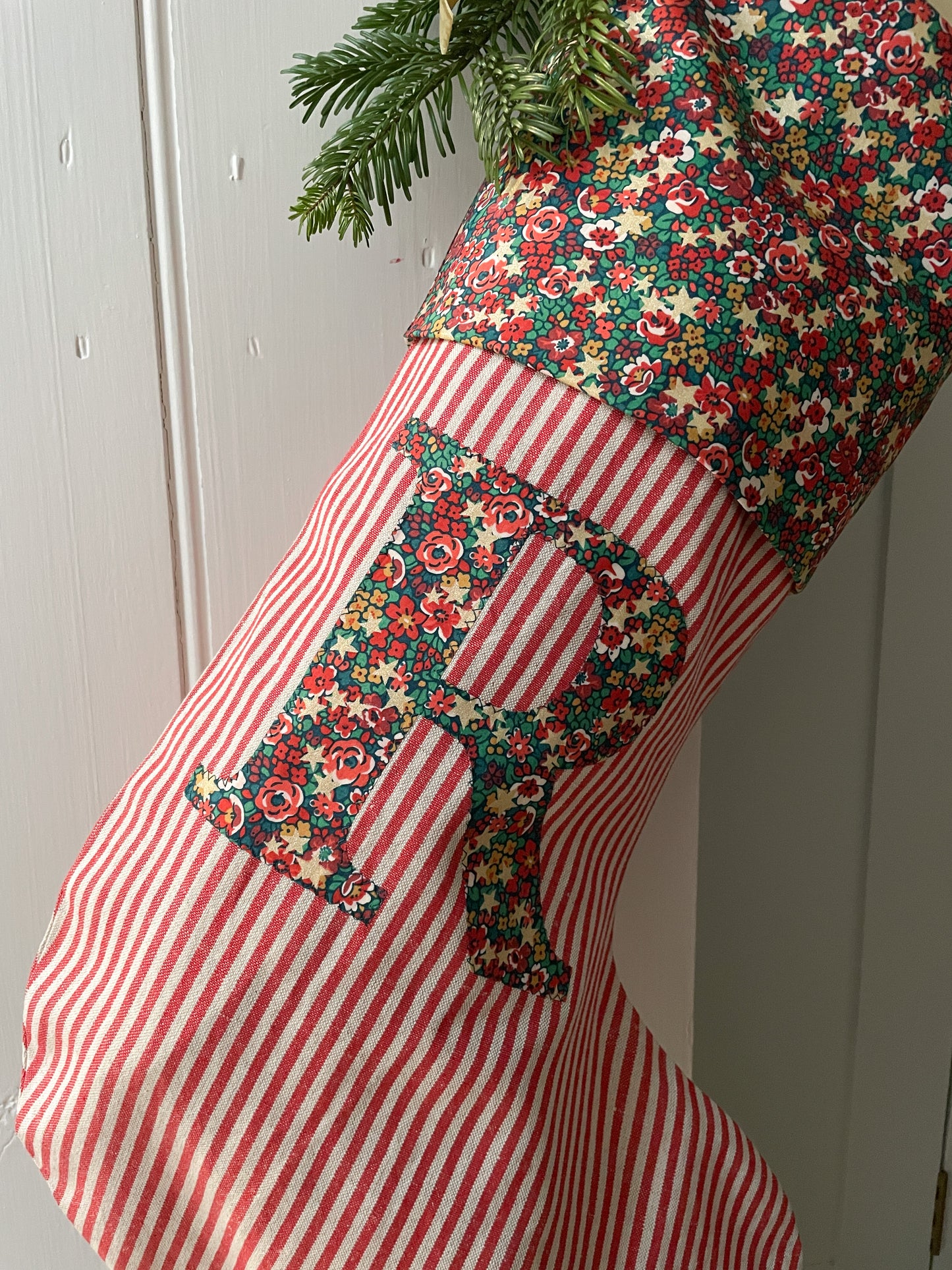 Red Linen Striped Personalised Christmas Stocking