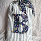 Luxury Christmas Gift Sack in Navy striped linen with navy christmas Liberty Print Letter and tie