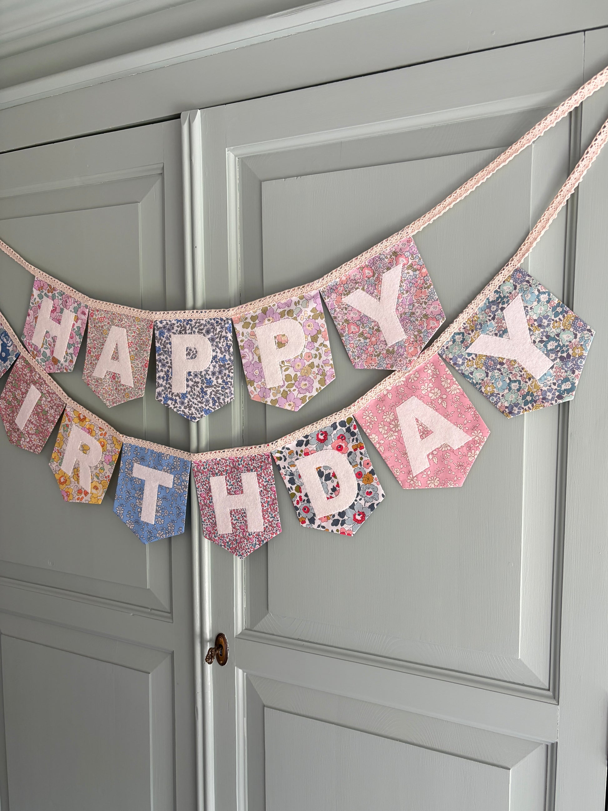 Liberty London Floral Print Bunting with ivory felt happy birthday applique letters