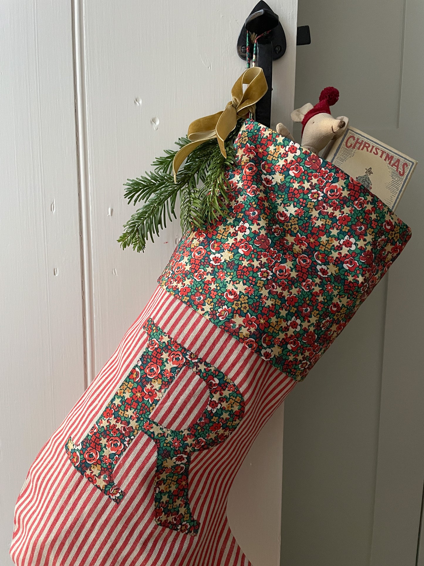 Red Linen Striped Personalised Christmas Stocking