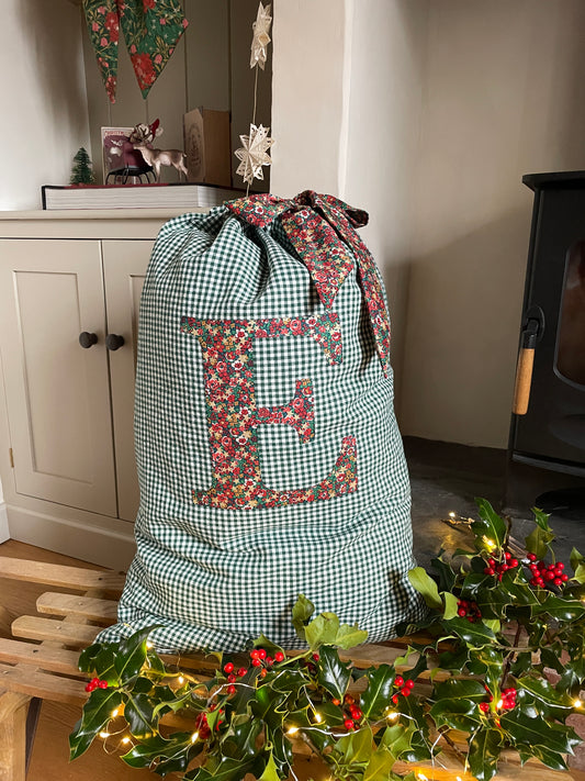 Green Ivory Gingham Linen Monogrammed Christmas Gift Sack