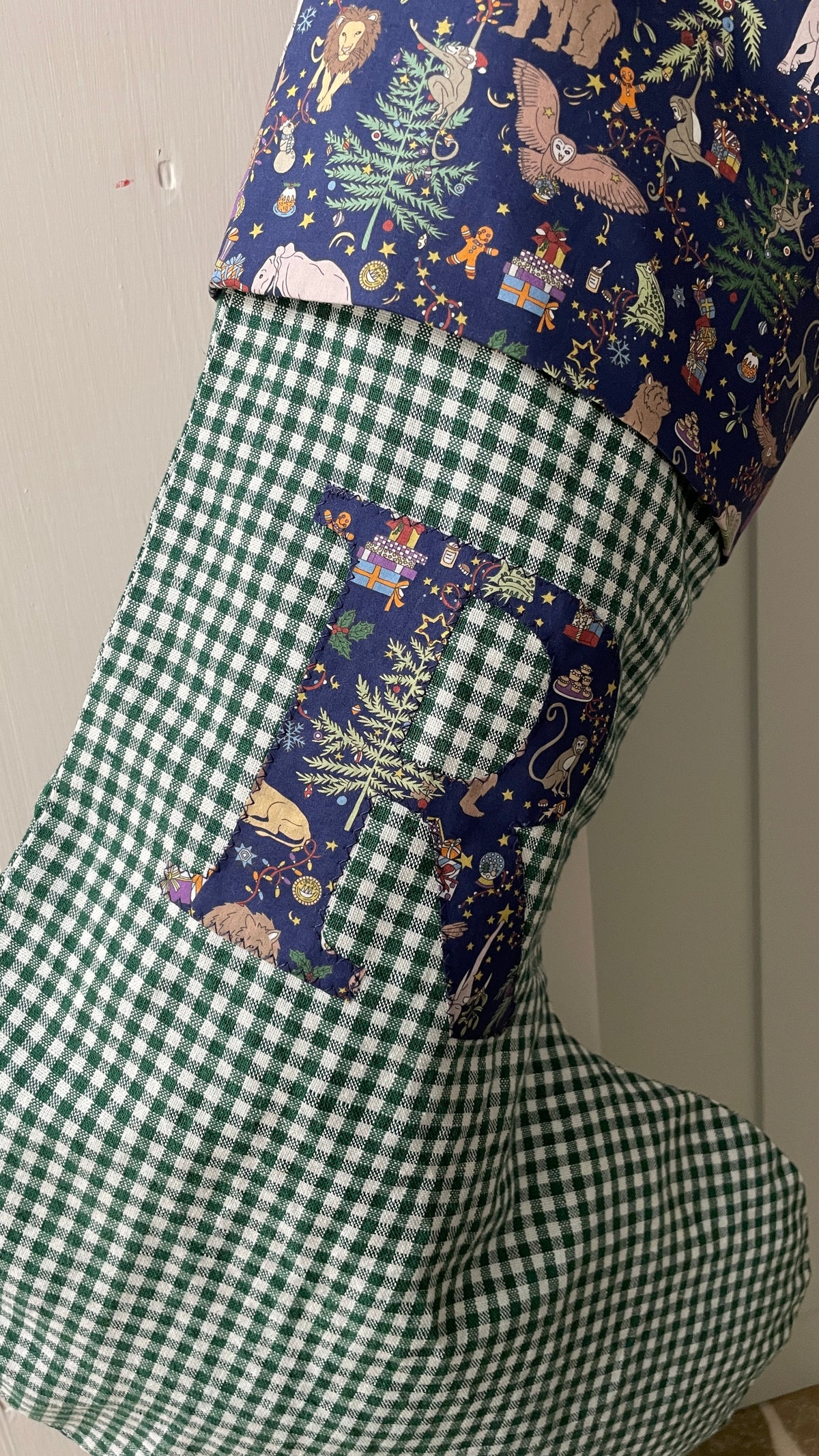 Green Linen Gingham Personalised Christmas Stocking