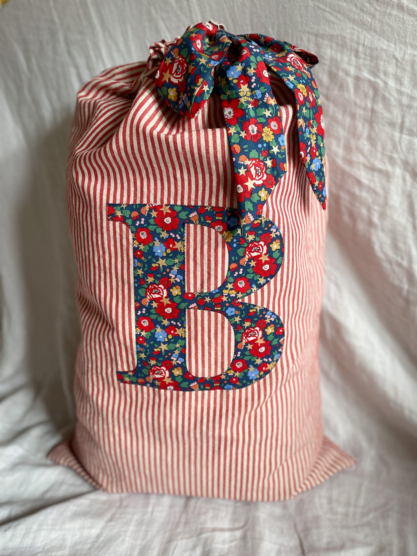 Red Striped Linen Monogrammed Christmas Gift Sack