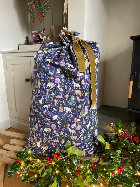 Liberty London navy Christmas print Christmas gift sack Santa sack