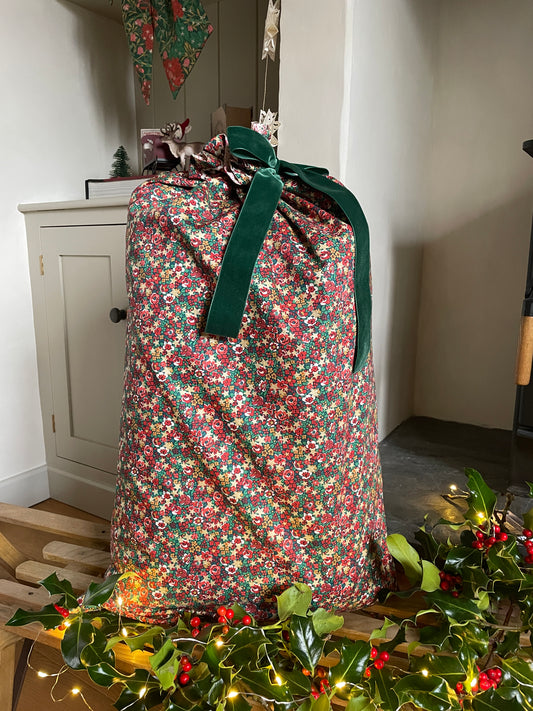 Liberty London Emma Etoile Print Gift Bag with Velvet Green Ribbon Sustainable Giftwrapping Santa Sack