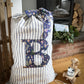 Luxury Christmas Gift Sack in Navy striped linen with navy christmas Liberty Print Letter and tie