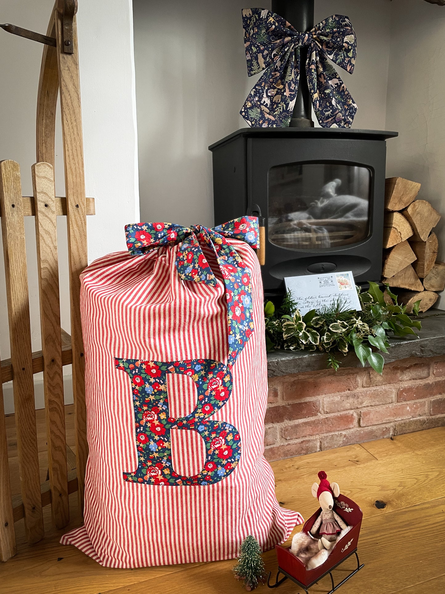 Red Striped Linen Monogrammed Christmas Gift Sack
