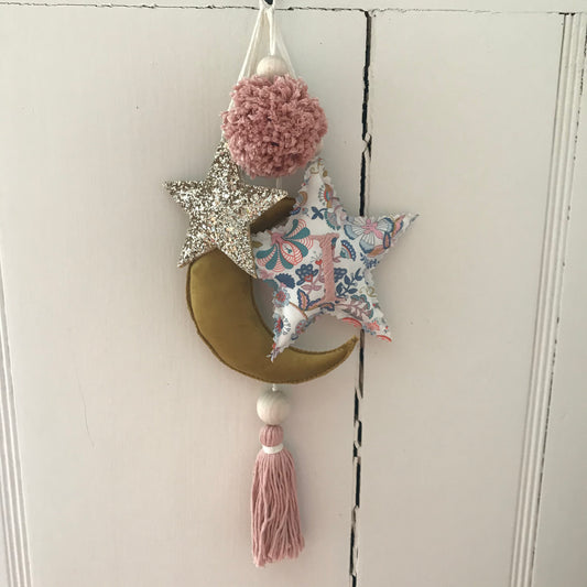 Medium Personalised Embroidered Liberty Print Nursery Moon and Star Decor Hanging