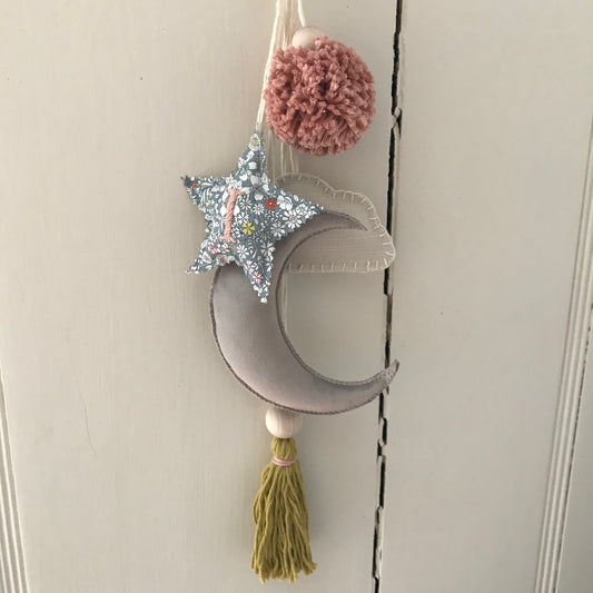 Small Personalised Embroidered Liberty Print Nursery Moon and Star Decor Hanging