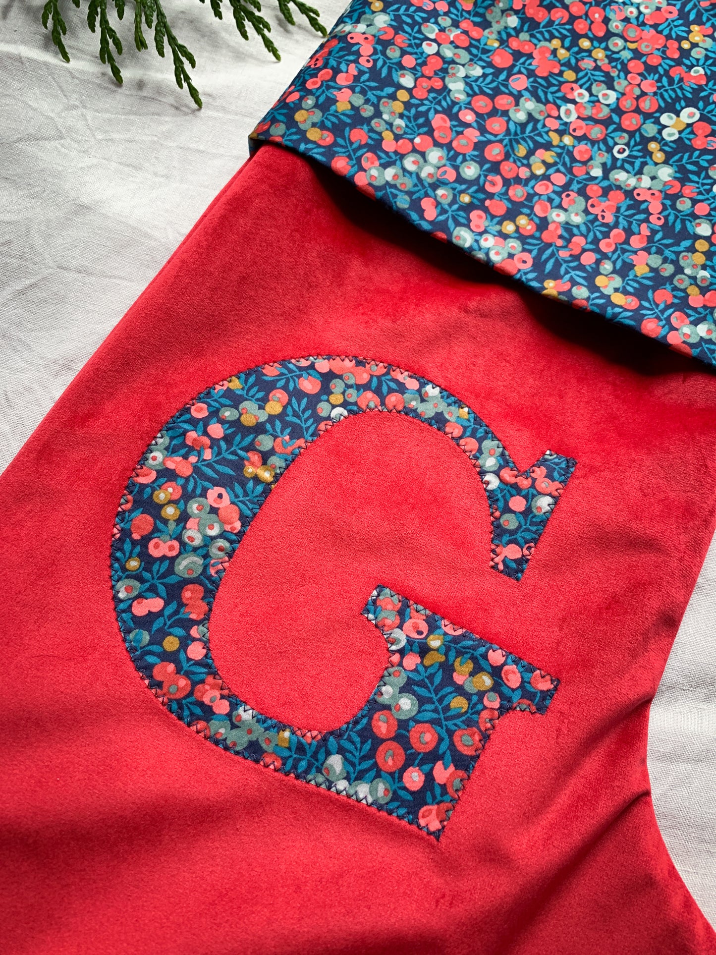 Velvet Stocking with Liberty London Print personalised with initial