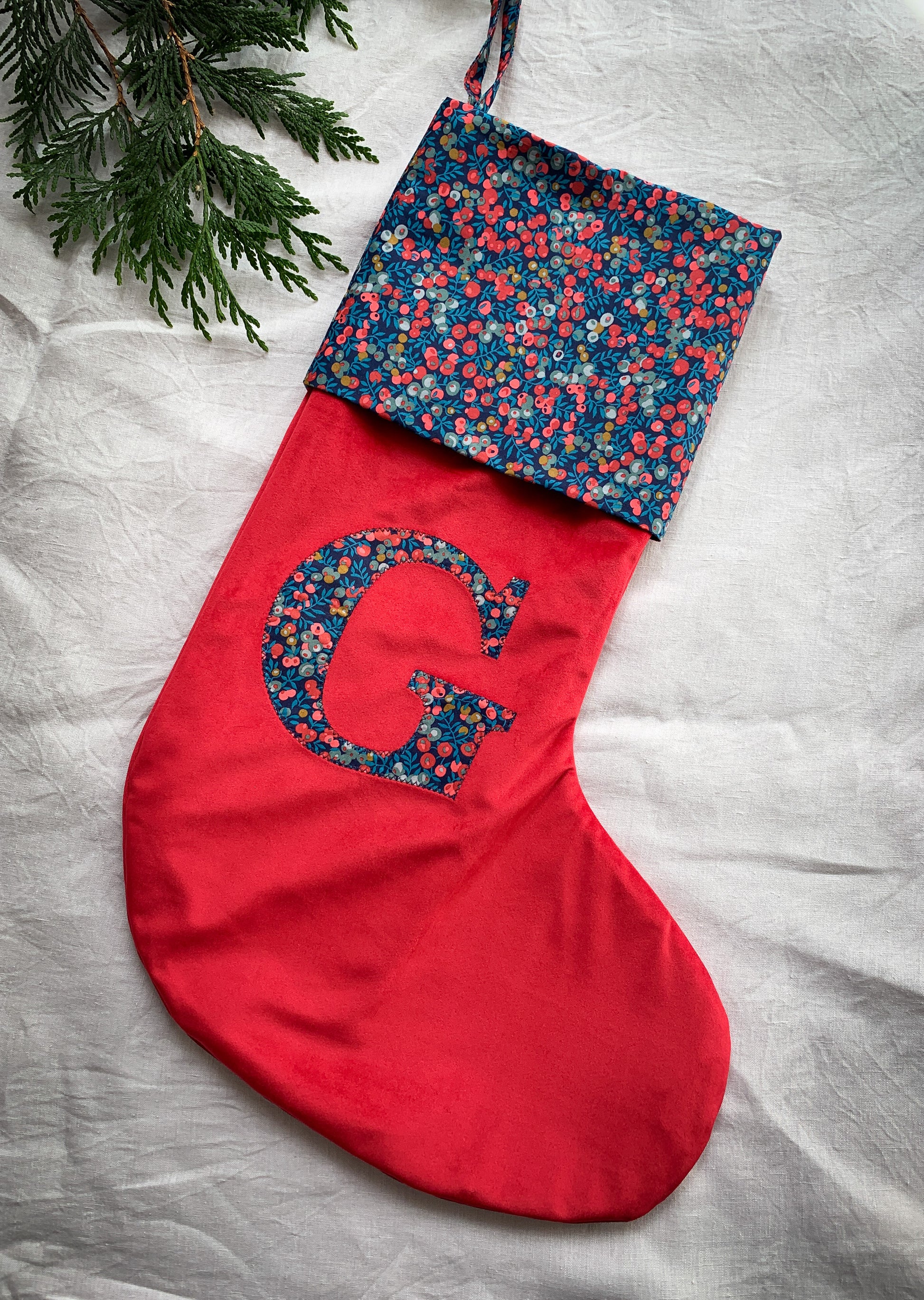 Velvet Stocking with Liberty London Print personalised with initial